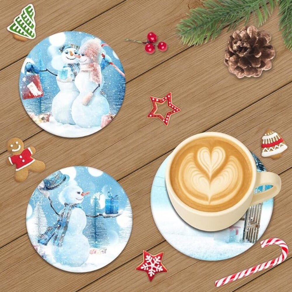 Stone Christmas Coaster, Set of 6, Happy Snowman Winter Landscape - Picture 6 of 7